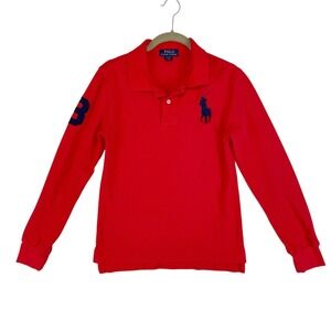 Polo Ralph Lauren Long‎ Sleeve Polo Shirt Kids L 14-16 Red Big Pony Logo Rugby